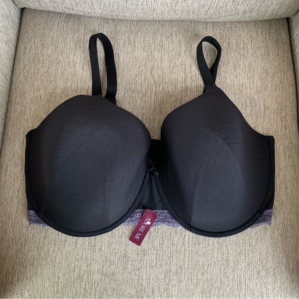 Adore Me Black with Purple Lace Bra Size‎ 40G NWT